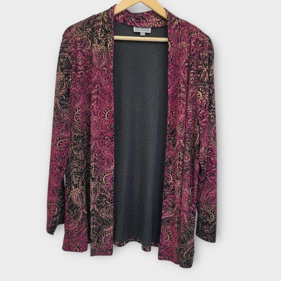 JM Collection Open Front Cardigan Womens Size XL‎ Purple Black Metallic Damask - Picture 1 of 7
